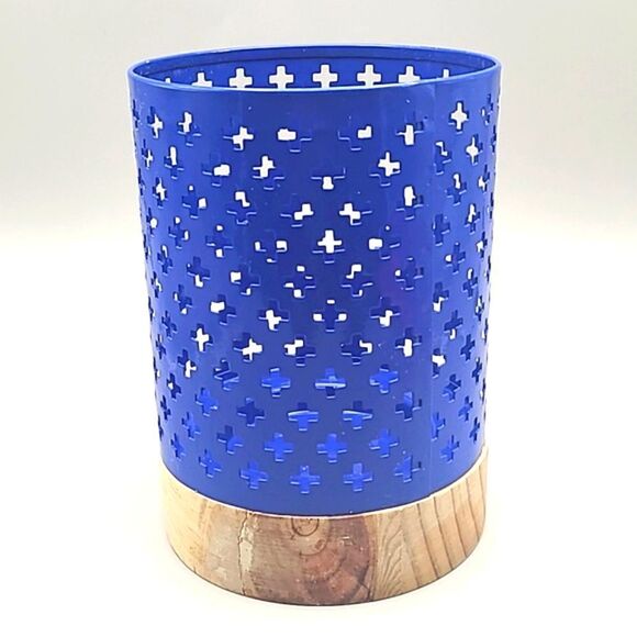 Threshold Blue Metal Hurricane Candleholder with Wood Base - Picture 3 of 5
